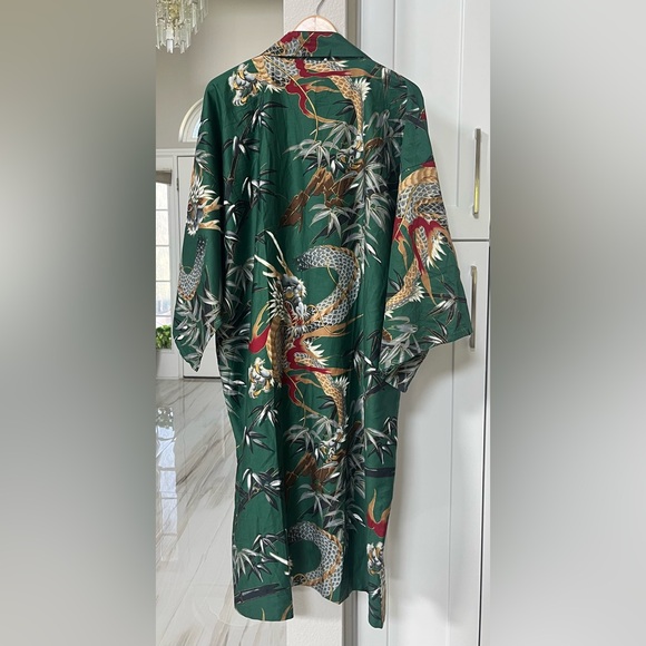 NWOT Japanese Yukata Robe Green Dragon and Bamboo Print Fabric Unisex - Picture 5 of 11